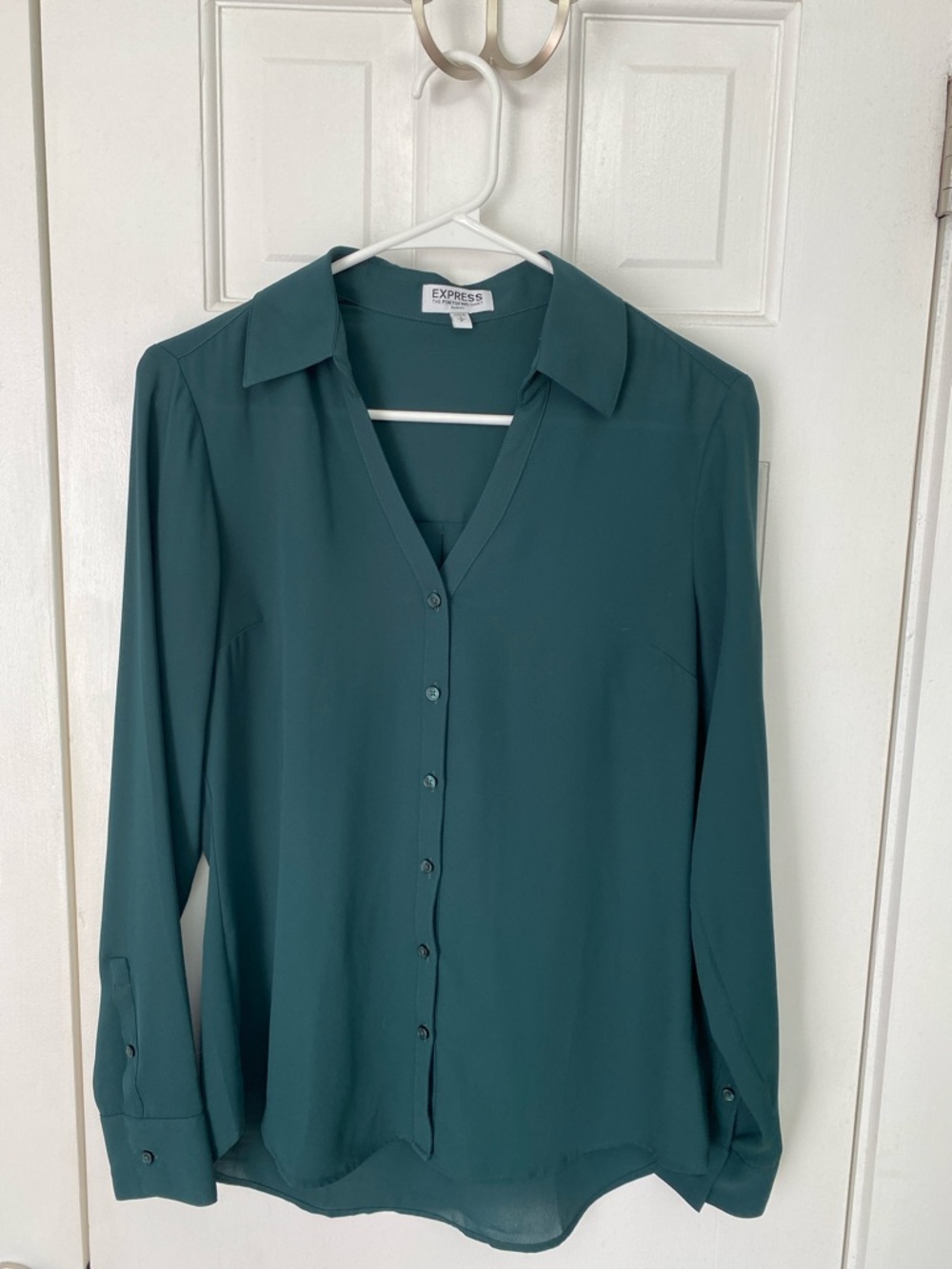 Express Women's Dark Green V-Neck Blouse